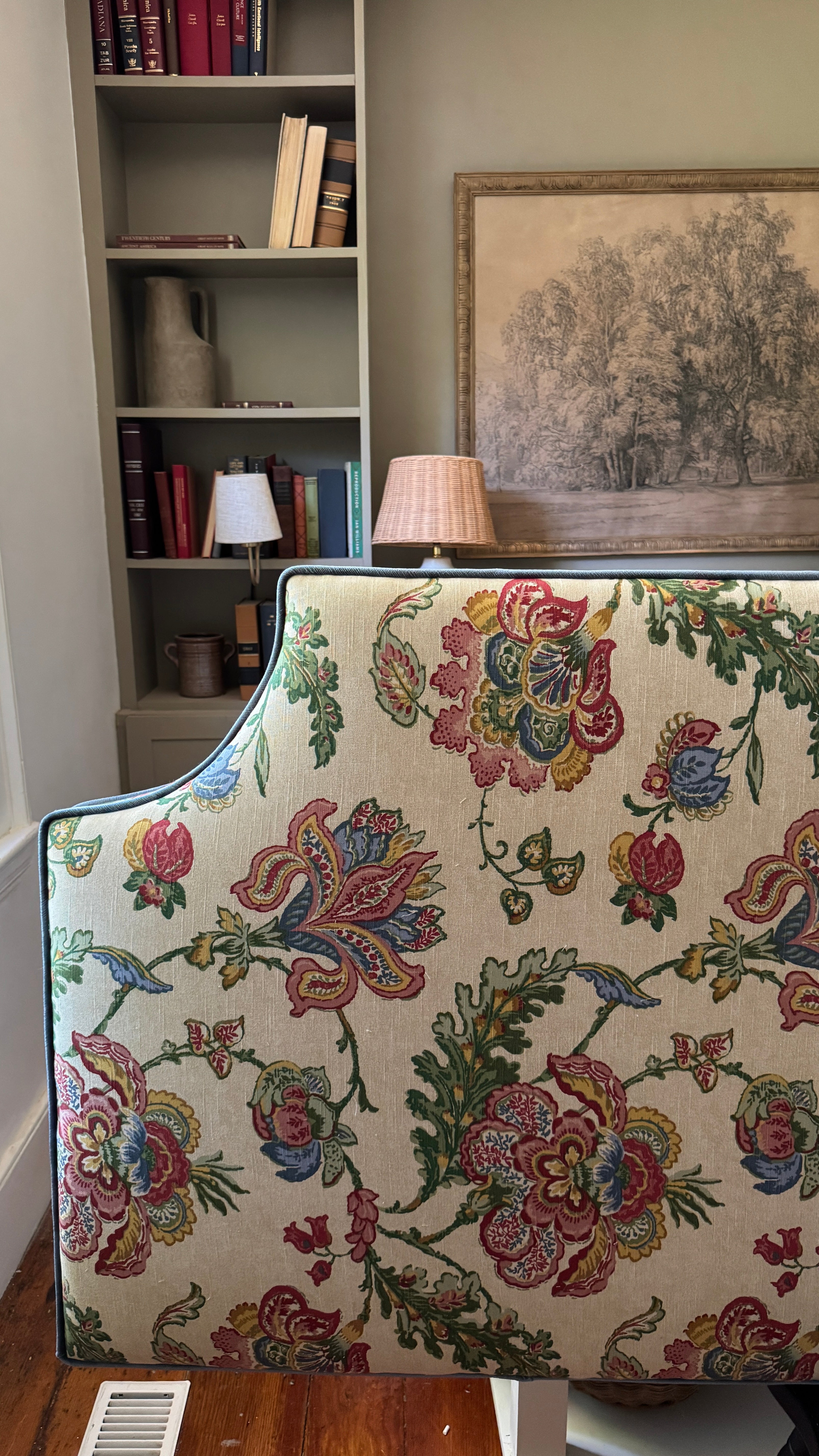 Bespoke Headboard with piping in jacquard floral fabric